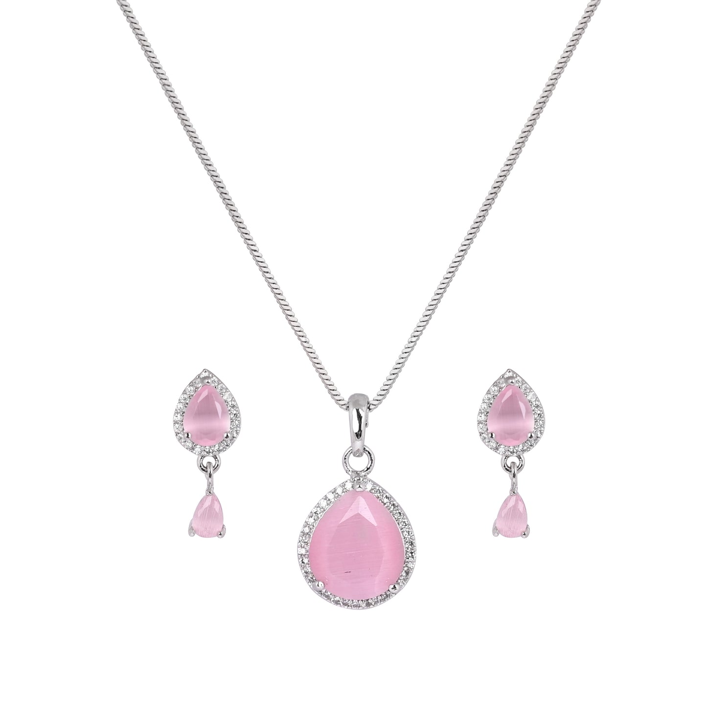 CKLAKART's NOOR Silver-Toned Chain Pendant Set Adorned with Pink Stones and Dazzling American Diamonds