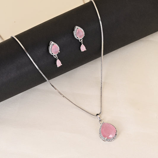 CKLAKART's NOOR Silver-Toned Chain Pendant Set Adorned with Pink Stones and Dazzling American Diamonds