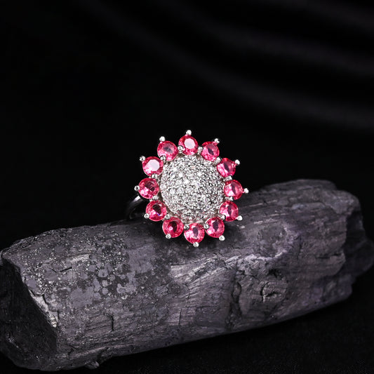 CKLAKART's NOOR Silver Big Ring Featuring Ruby Red Stones and Sparkling American Diamonds