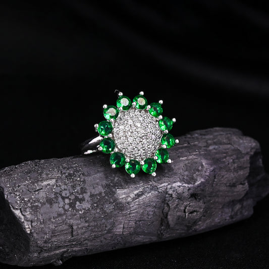 CKLAKART's NOOR Silver Big Ring Featuring Emerald Green Stones and Sparkling American Diamonds