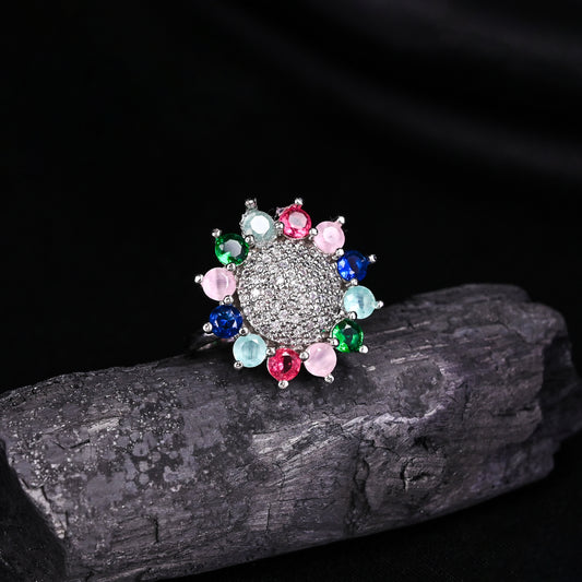 CKLAKART's NOOR Silver Big Ring Featuring Multi Color Stones and Sparkling American Diamonds