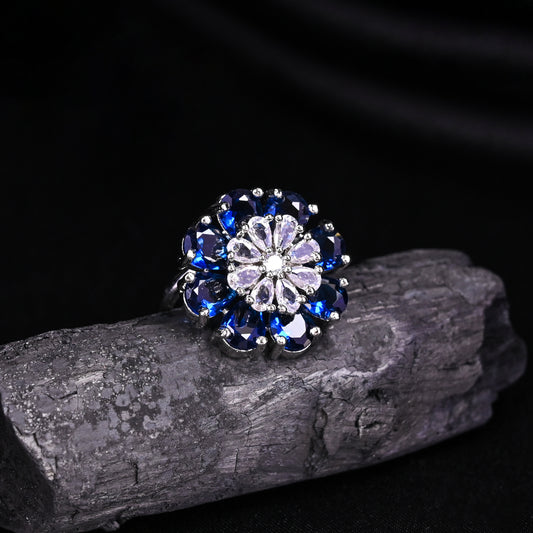 CKLAKART's NOOR Silver-Toned Ring Adorned with Sapphire Blue Stones and Dazzling American Diamonds