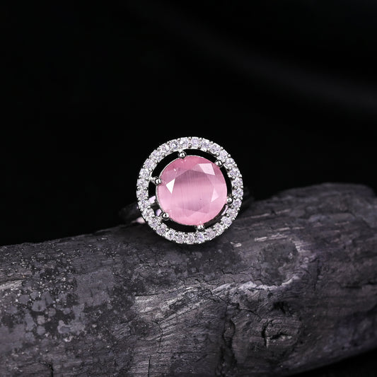 CKLAKART's NOOR Silver-Toned Ring Adorned with Pink Stones and Dazzling American Diamonds