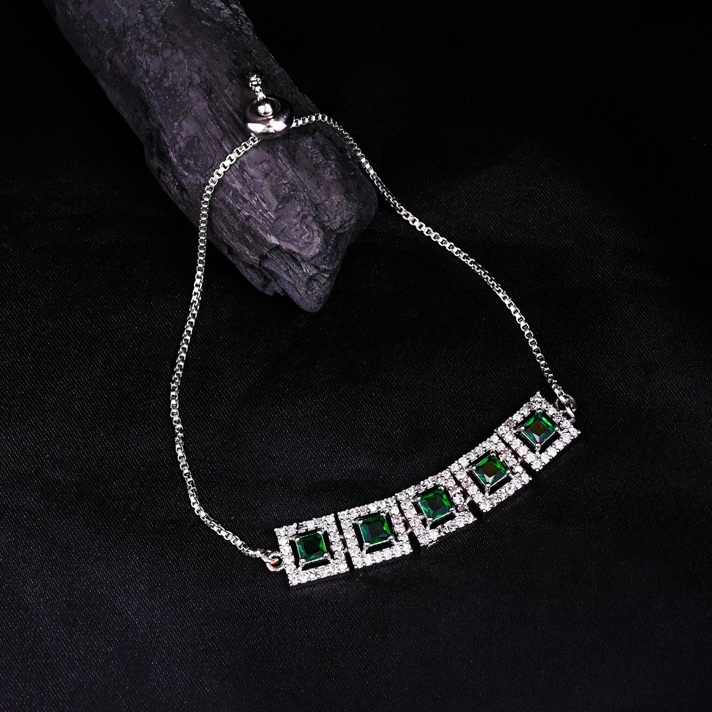 CKLAKART's NOOR Classic Silver-Toned Bracelet and Ring Set with Emerald Green Stones and Sophisticated American Diamonds