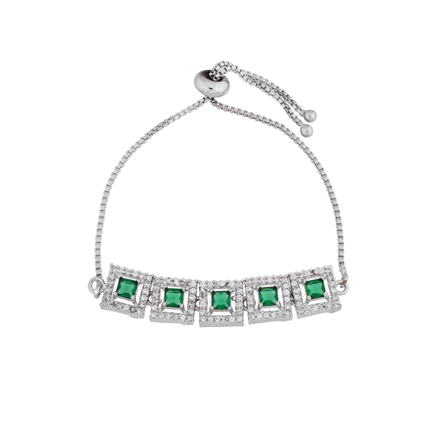 CKLAKART's NOOR Classic Silver-Toned Bracelet and Ring Set with Emerald Green Stones and Sophisticated American Diamonds