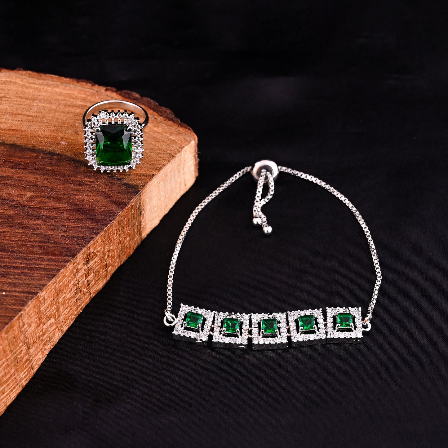 CKLAKART's NOOR Classic Silver-Toned Bracelet and Ring Set with Emerald Green Stones and Sophisticated American Diamonds