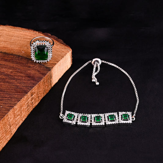 CKLAKART's NOOR Classic Silver-Toned Bracelet and Ring Set with Emerald Green Stones and Sophisticated American Diamonds