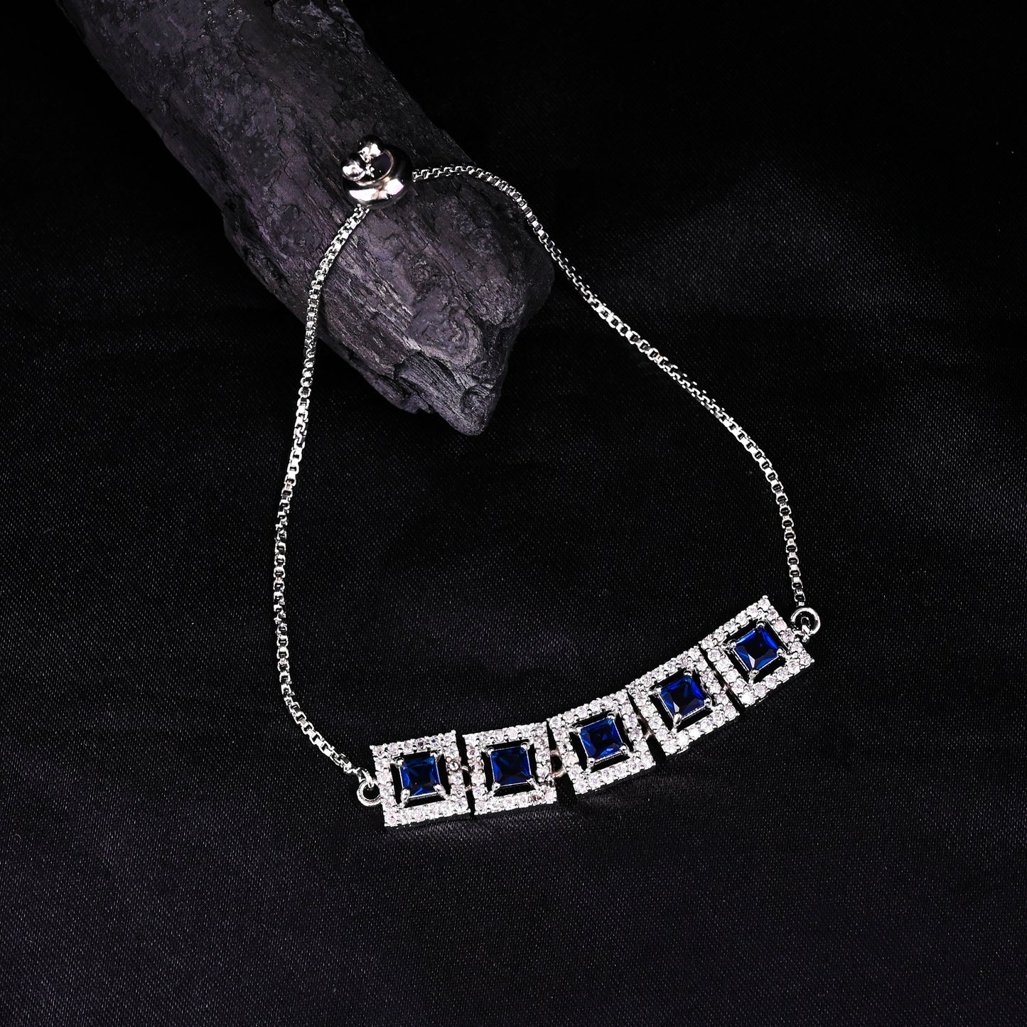 CKLAKART's NOOR Classic Silver-Toned Bracelet and Ring Set with Sapphire Blue Stones and Sophisticated American Diamonds