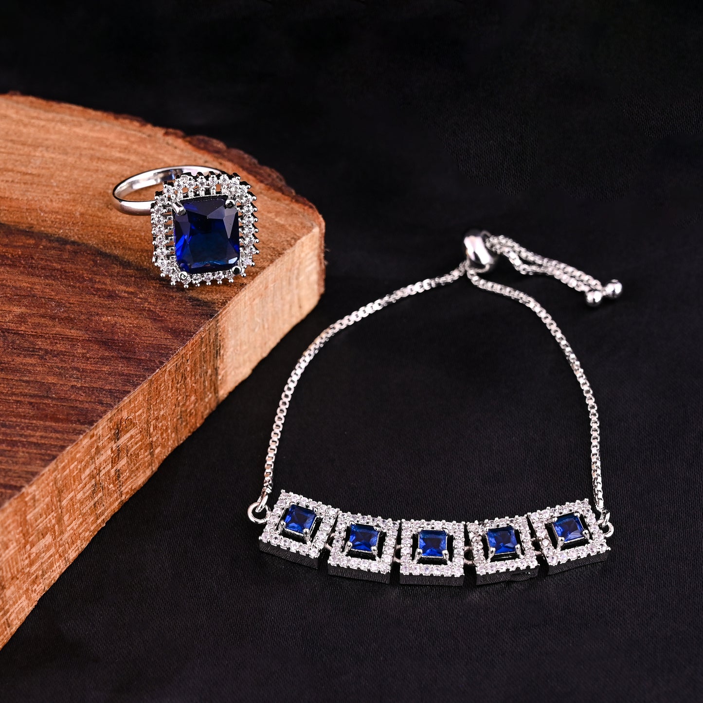 CKLAKART's NOOR Classic Silver-Toned Bracelet and Ring Set with Sapphire Blue Stones and Sophisticated American Diamonds