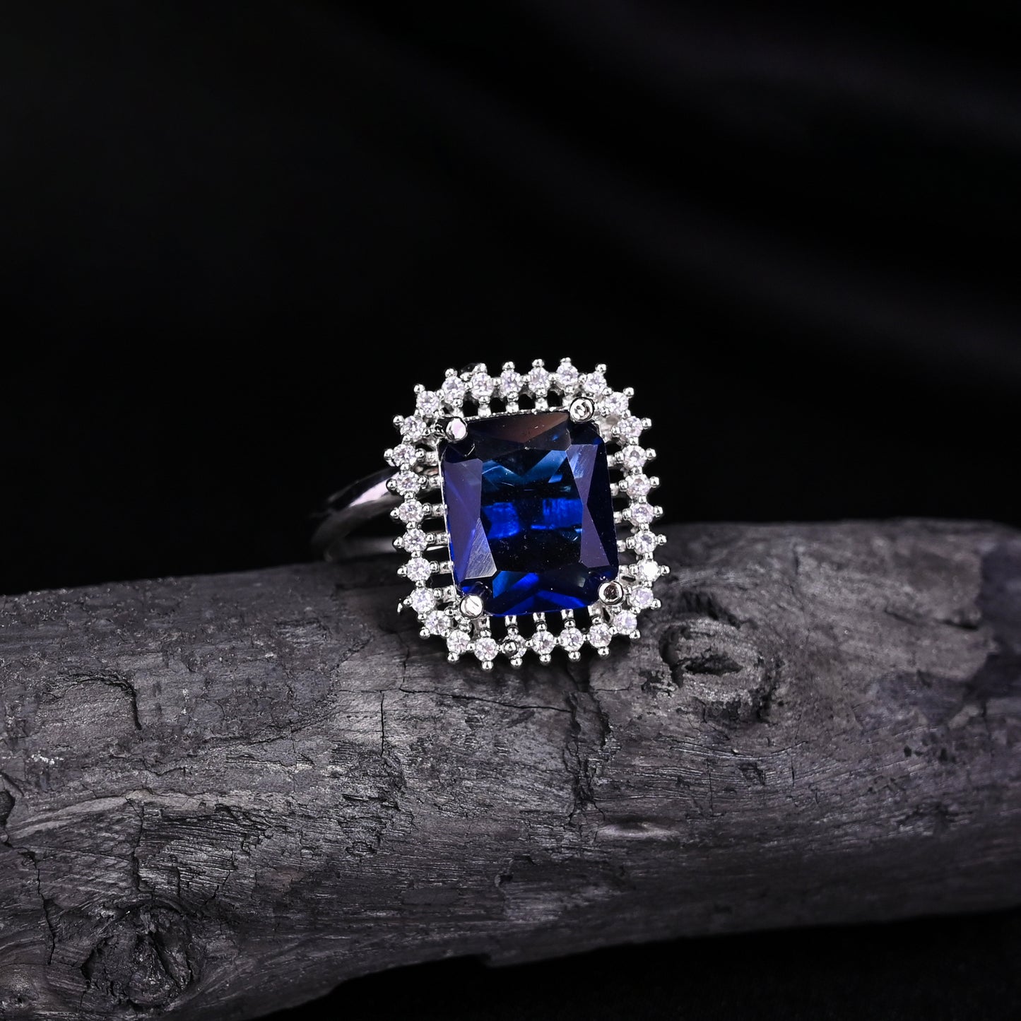 CKLAKART's NOOR Classic Silver-Toned Bracelet and Ring Set with Sapphire Blue Stones and Sophisticated American Diamonds