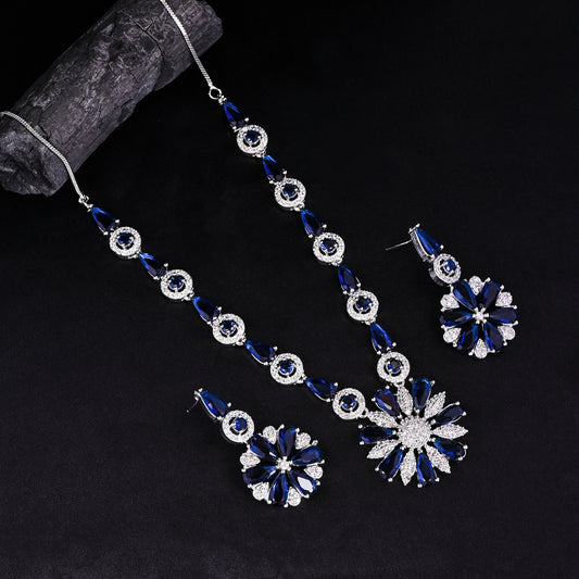 CKLAKART's NOOR Classic Silver-Toned Necklace Set with Sapphire Blue Stones and Sophisticated American Diamonds