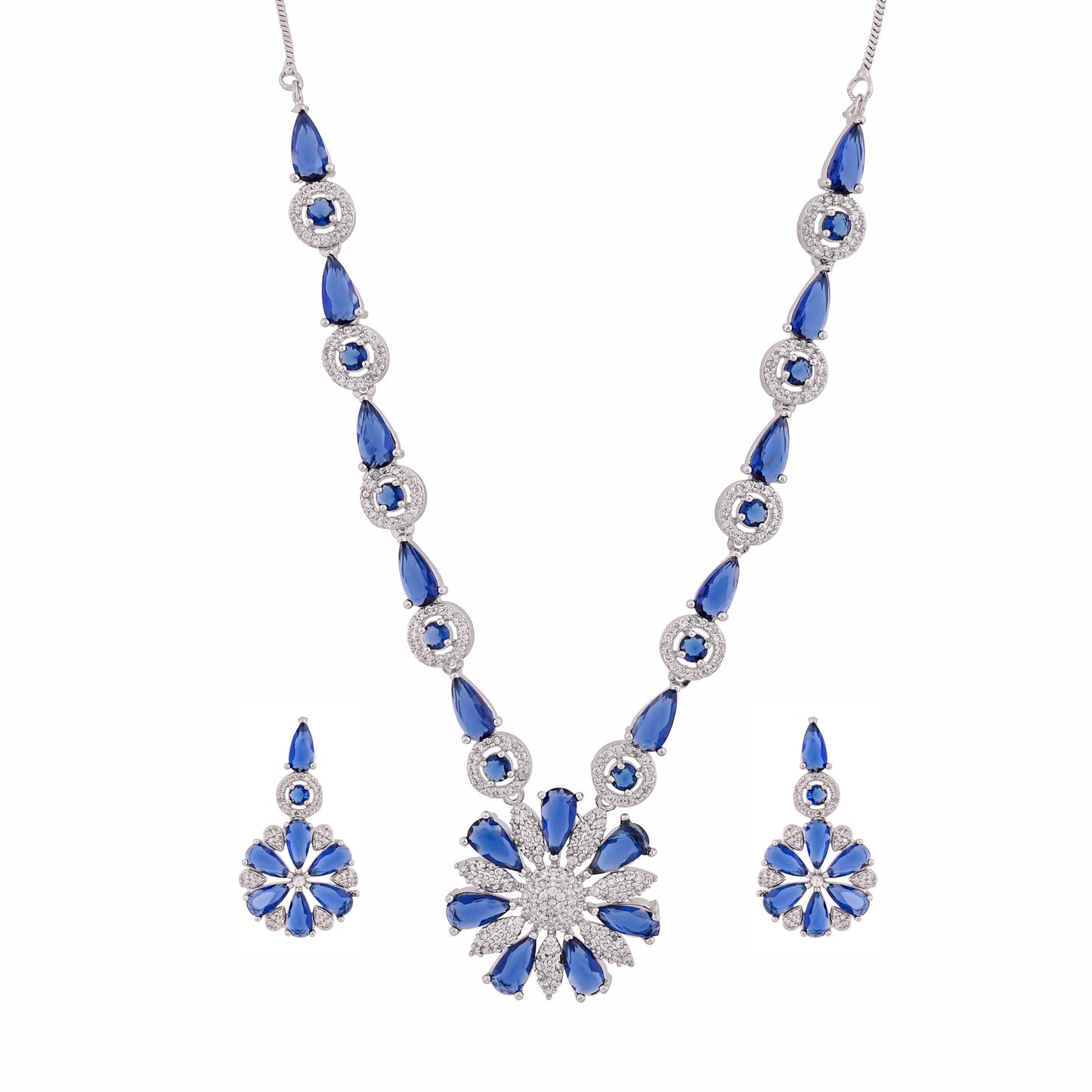 CKLAKART's NOOR Classic Silver-Toned Necklace Set with Sapphire Blue Stones and Sophisticated American Diamonds