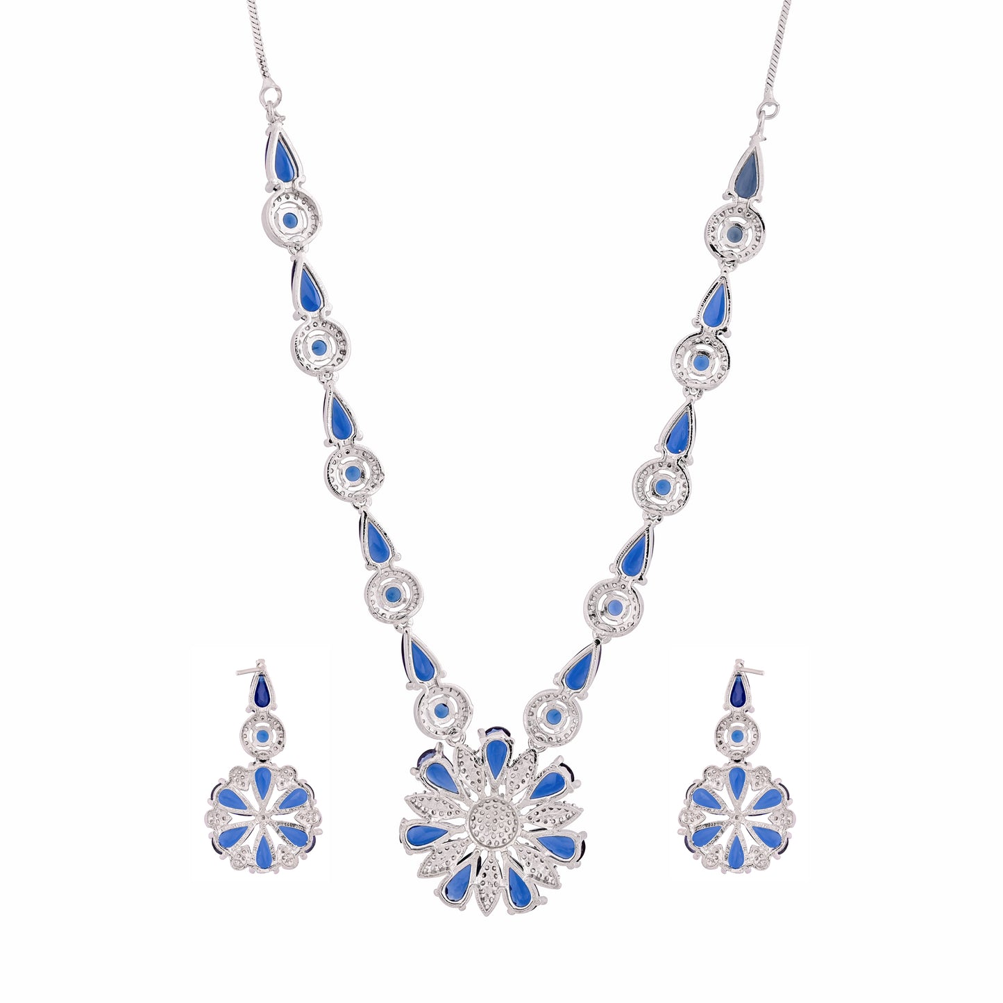 CKLAKART's NOOR Classic Silver-Toned Necklace Set with Sapphire Blue Stones and Sophisticated American Diamonds