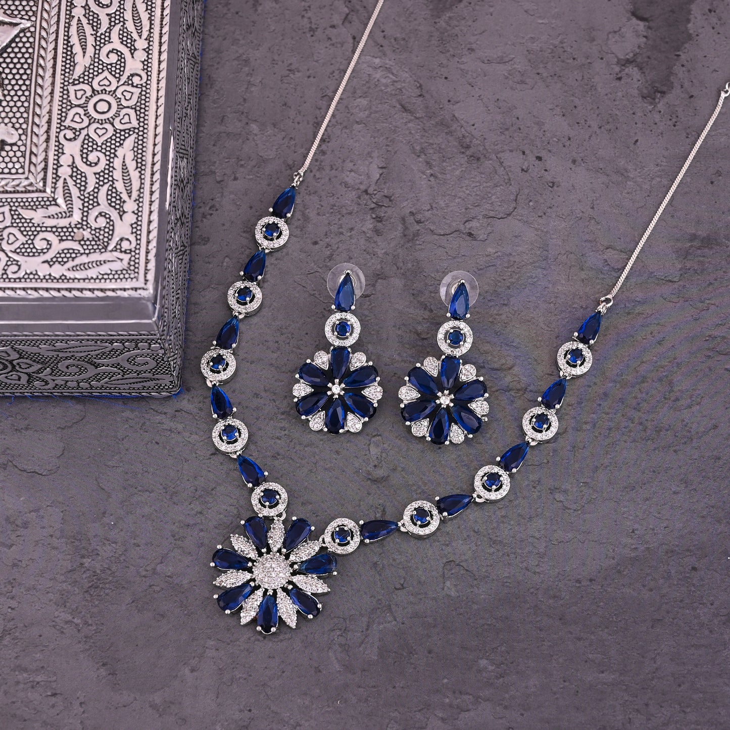 CKLAKART's NOOR Classic Silver-Toned Necklace Set with Sapphire Blue Stones and Sophisticated American Diamonds