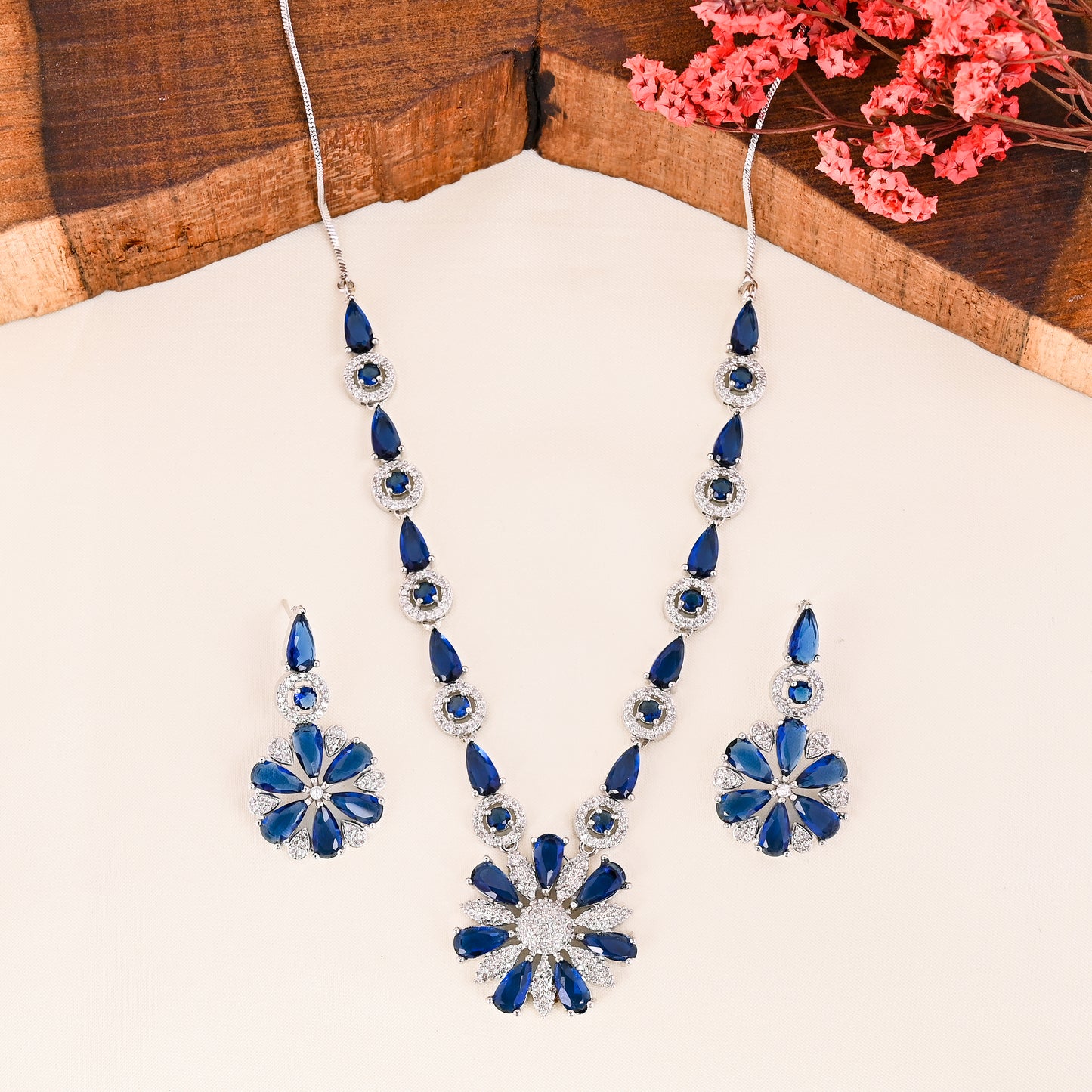 CKLAKART's NOOR Classic Silver-Toned Necklace Set with Sapphire Blue Stones and Sophisticated American Diamonds