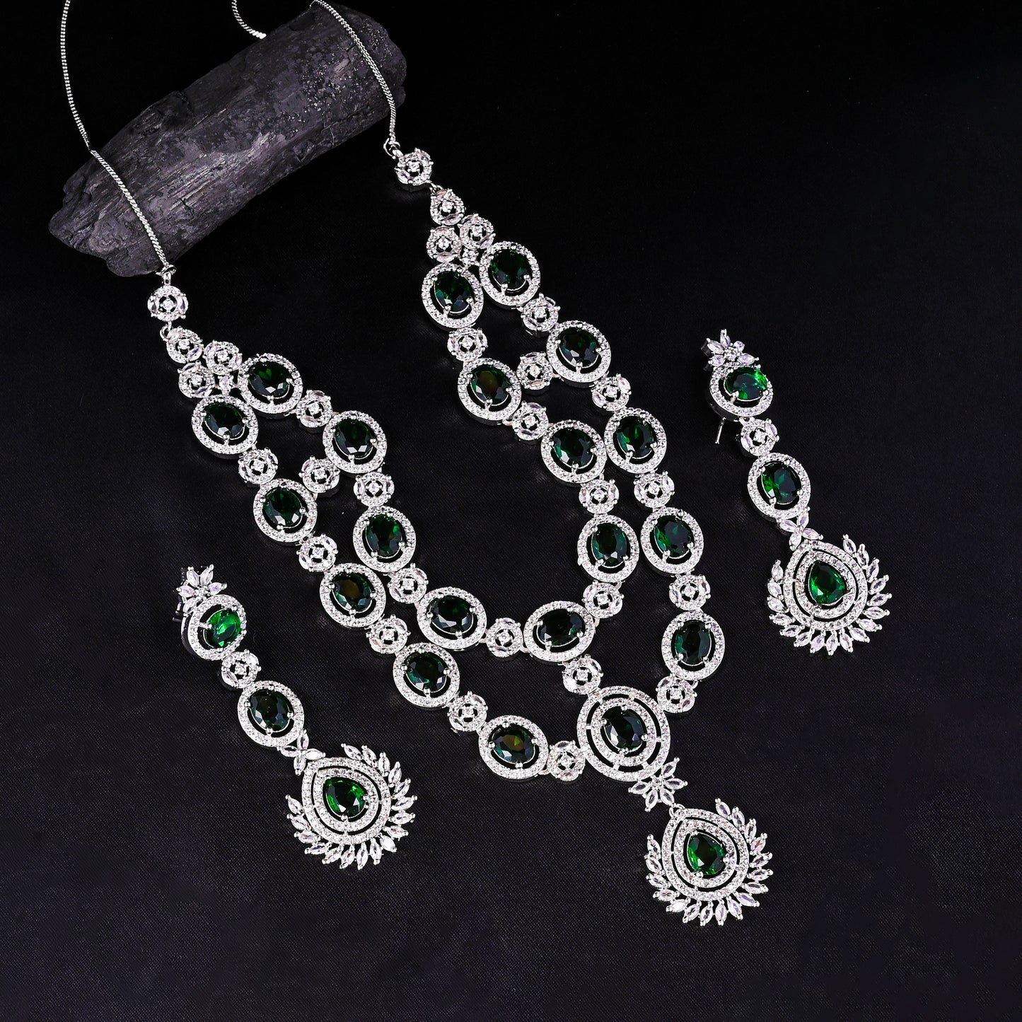 CKLAKART's NOOR Silver Double-Layer Necklace Set Featuring Emerald Green Stones and Sparkling American Diamonds