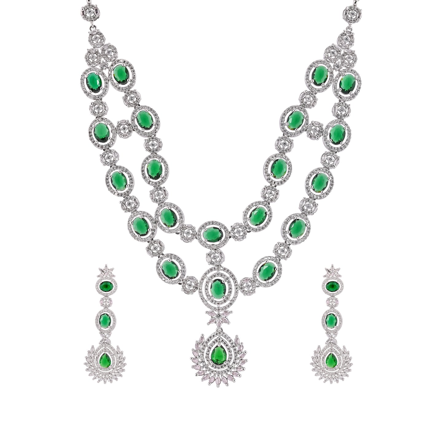 CKLAKART's NOOR Silver Double-Layer Necklace Set Featuring Emerald Green Stones and Sparkling American Diamonds