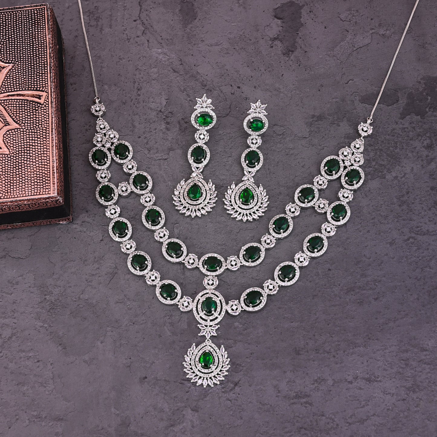 CKLAKART's NOOR Silver Double-Layer Necklace Set Featuring Emerald Green Stones and Sparkling American Diamonds