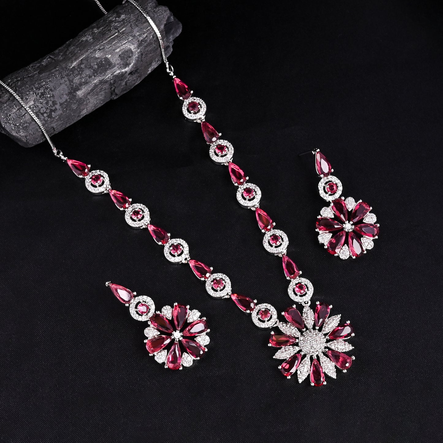 CKLAKART's NOOR Classic Silver-Toned Necklace Set with Ruby red Stones and Sophisticated American Diamonds