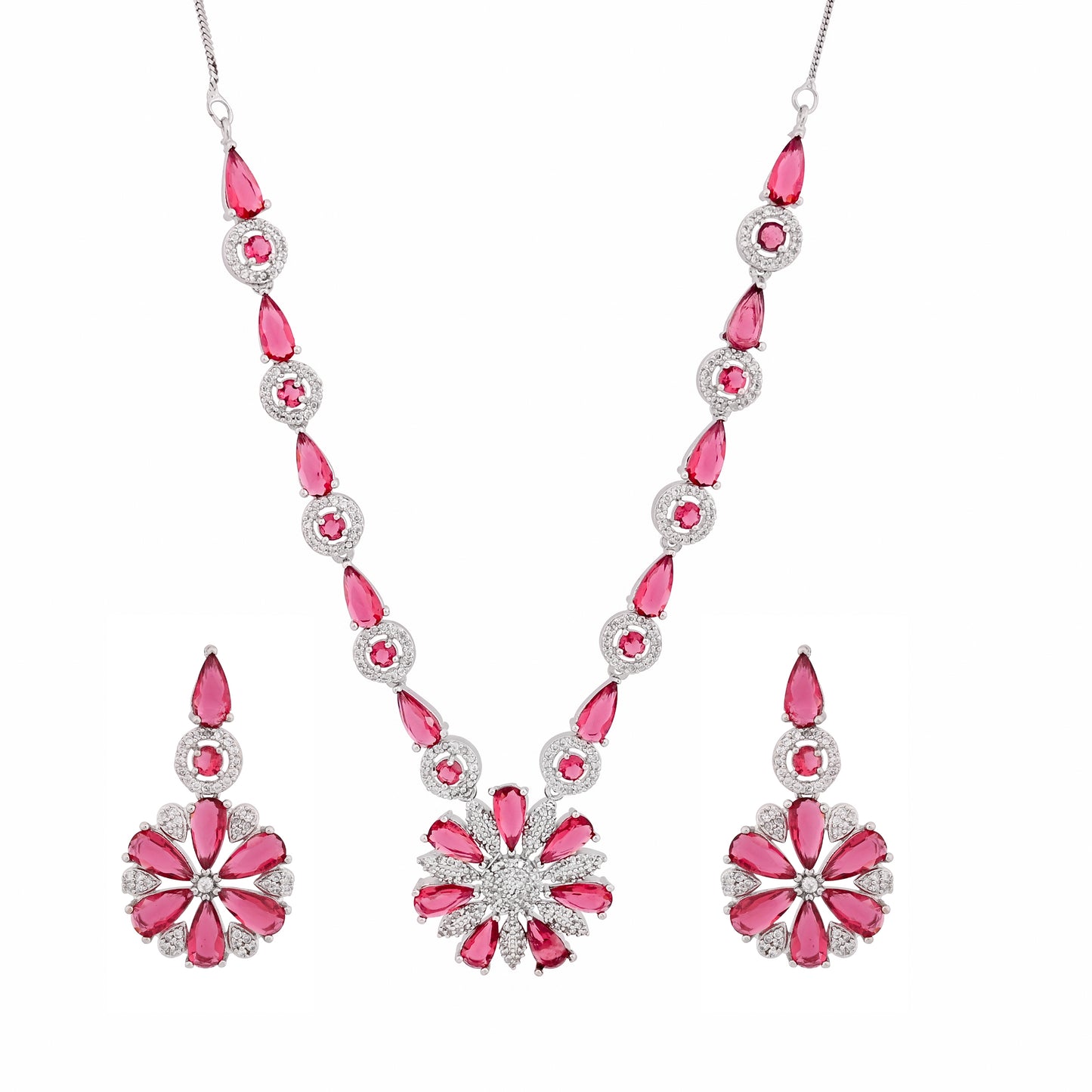 CKLAKART's NOOR Classic Silver-Toned Necklace Set with Ruby red Stones and Sophisticated American Diamonds