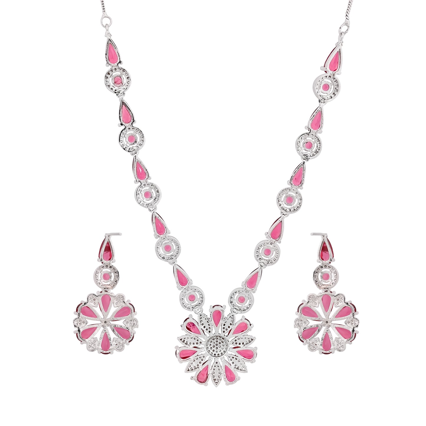 CKLAKART's NOOR Classic Silver-Toned Necklace Set with Ruby red Stones and Sophisticated American Diamonds