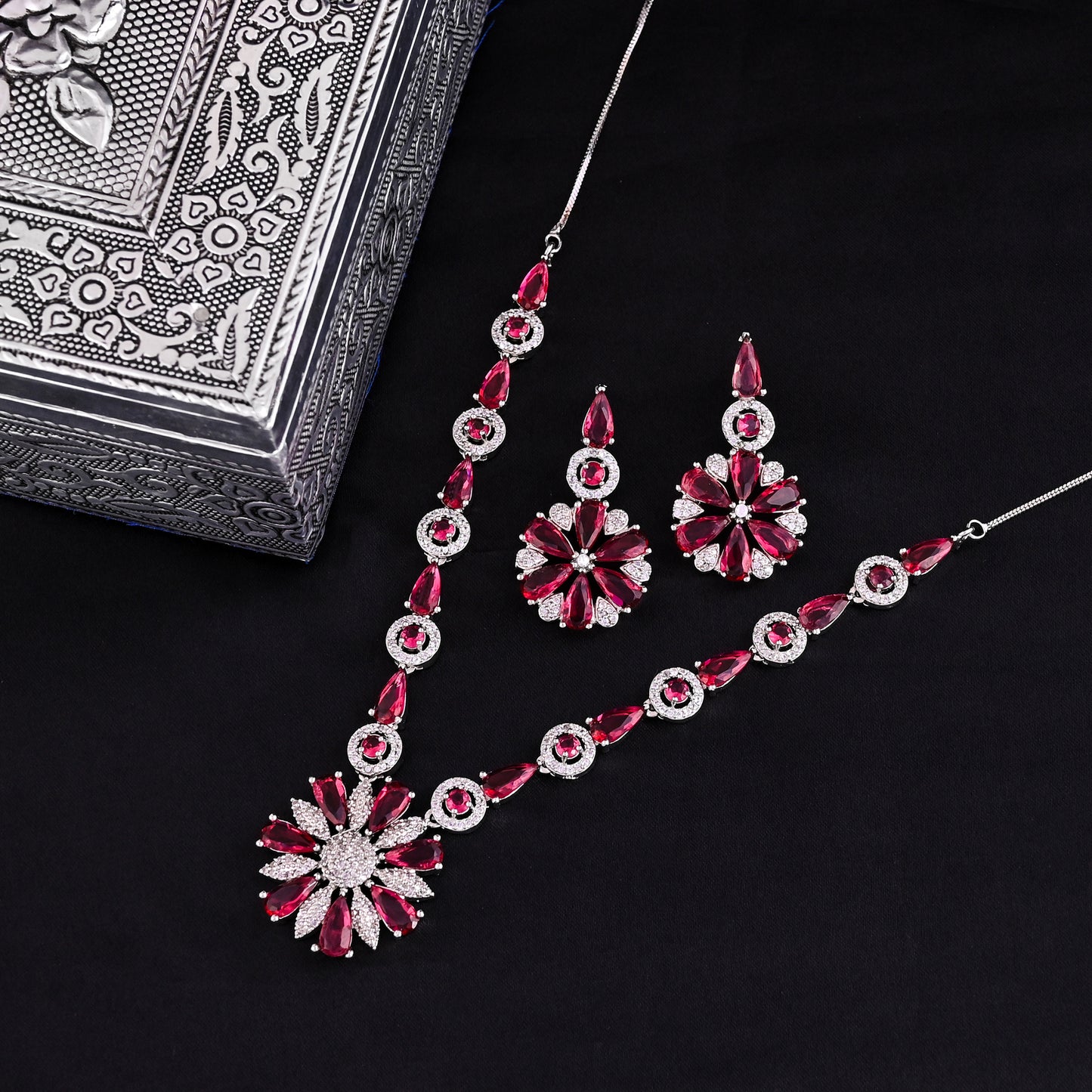 CKLAKART's NOOR Classic Silver-Toned Necklace Set with Ruby red Stones and Sophisticated American Diamonds