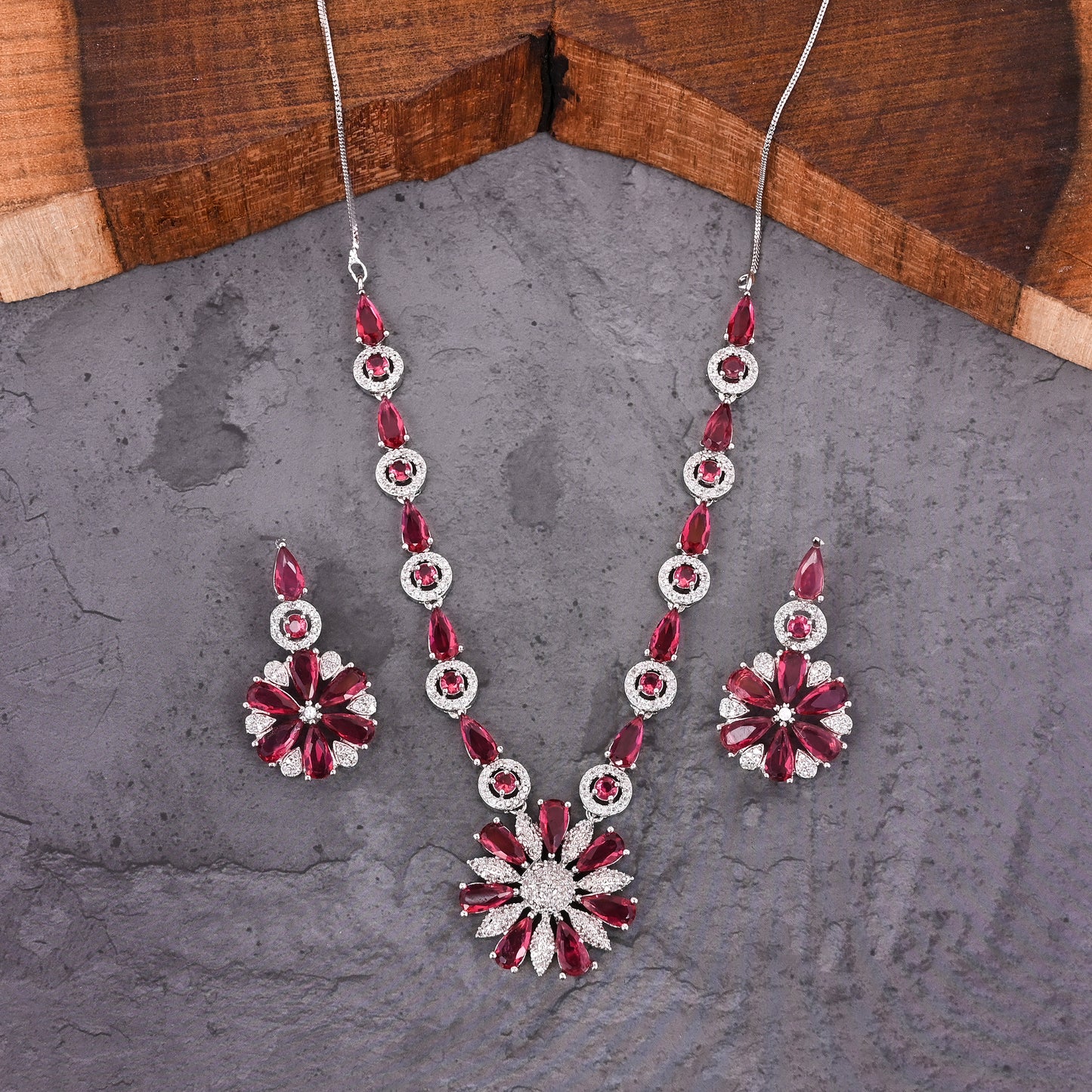 CKLAKART's NOOR Classic Silver-Toned Necklace Set with Ruby red Stones and Sophisticated American Diamonds