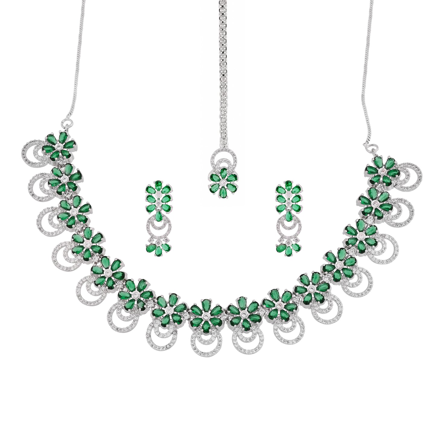 CKLAKART's NOOR Silver-Toned Choker set with Maang Tika Adorned with Emerald Green Stones and Dazzling American Diamonds