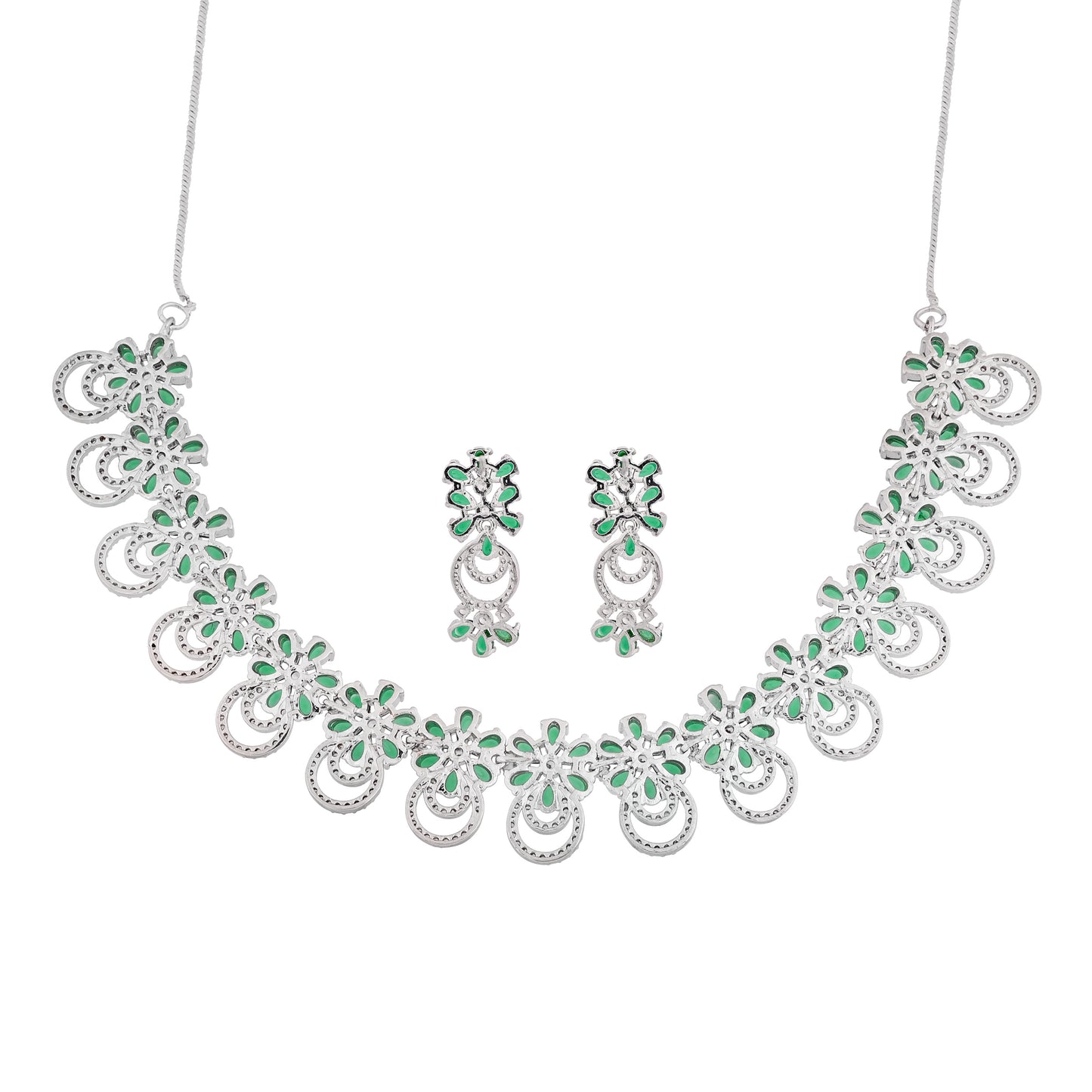 CKLAKART's NOOR Silver-Toned Choker set with Maang Tika Adorned with Emerald Green Stones and Dazzling American Diamonds