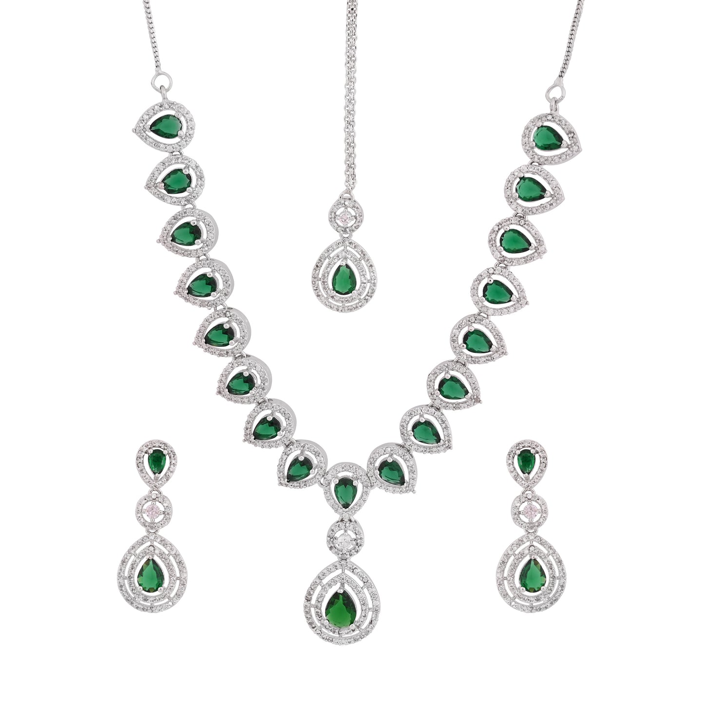 CKLAKART's NOOR Silver-Toned Necklace and Maang Tika Set Adorned with Emerald Green Stones and Dazzling American Diamonds