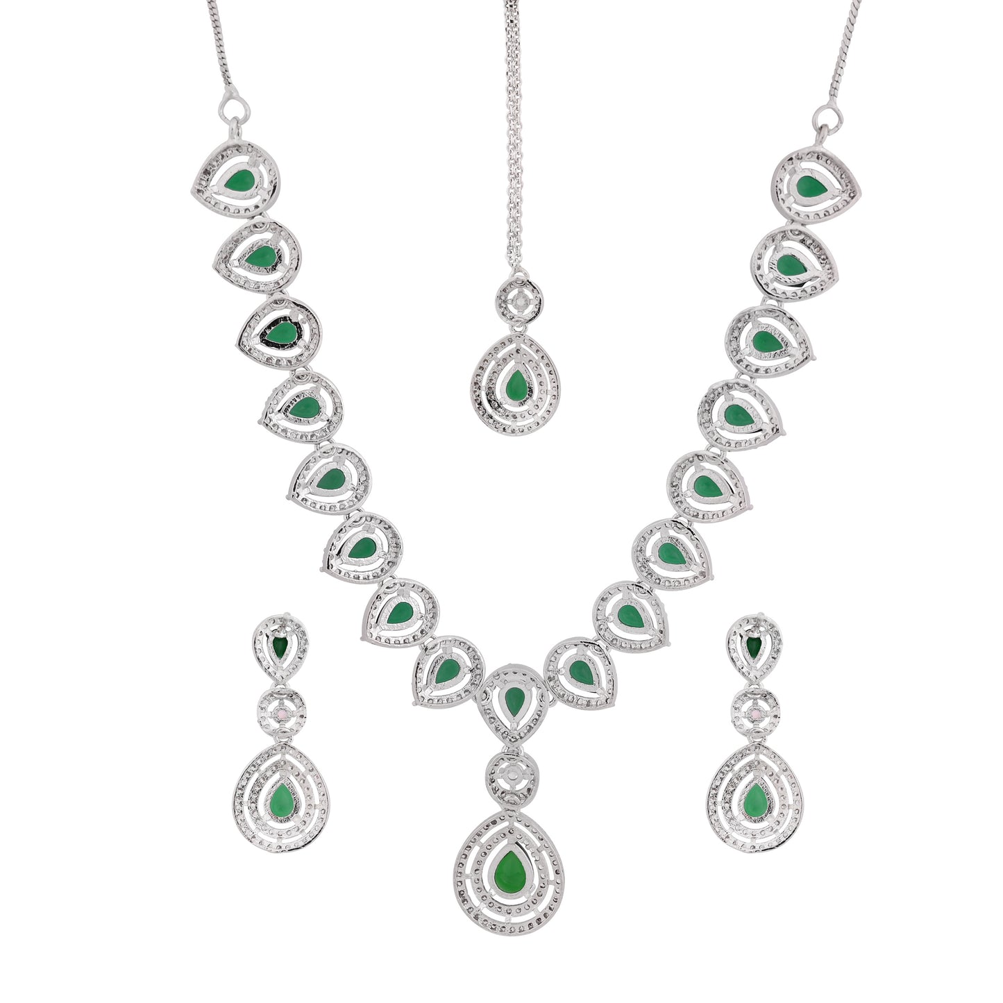 CKLAKART's NOOR Silver-Toned Necklace and Maang Tika Set Adorned with Emerald Green Stones and Dazzling American Diamonds