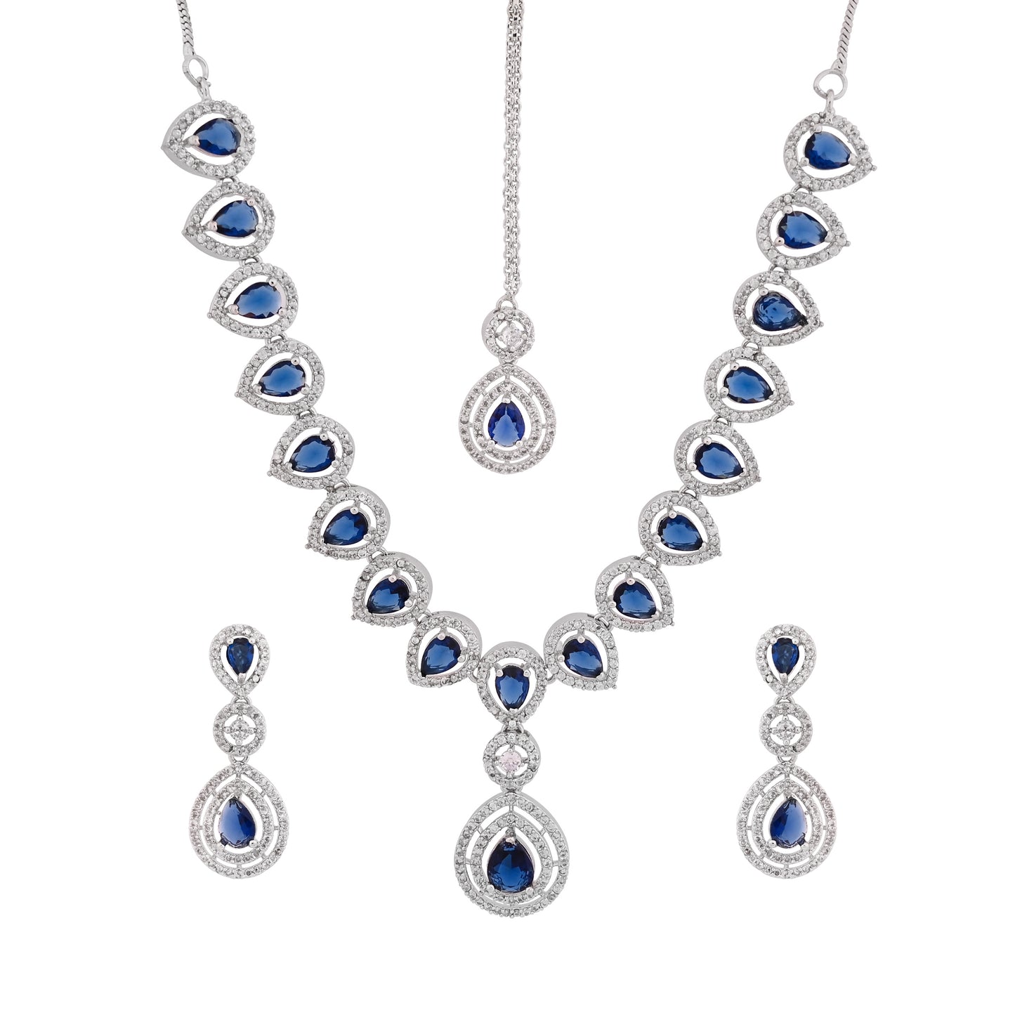 CKLAKART's NOOR Silver-Toned Necklace and Maang Tika Set Adorned with Sapphire Blue Stones and Dazzling American Diamonds