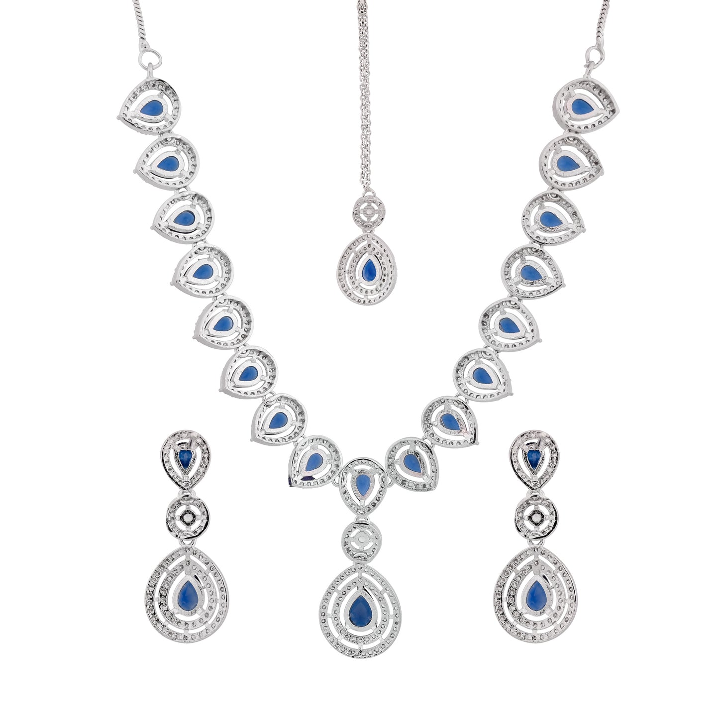 CKLAKART's NOOR Silver-Toned Necklace and Maang Tika Set Adorned with Sapphire Blue Stones and Dazzling American Diamonds