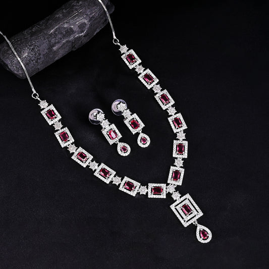 CKLAKART's NOOR Classic Silver-Toned Necklace Set with Ruby Red Stones and Sophisticated American Diamonds