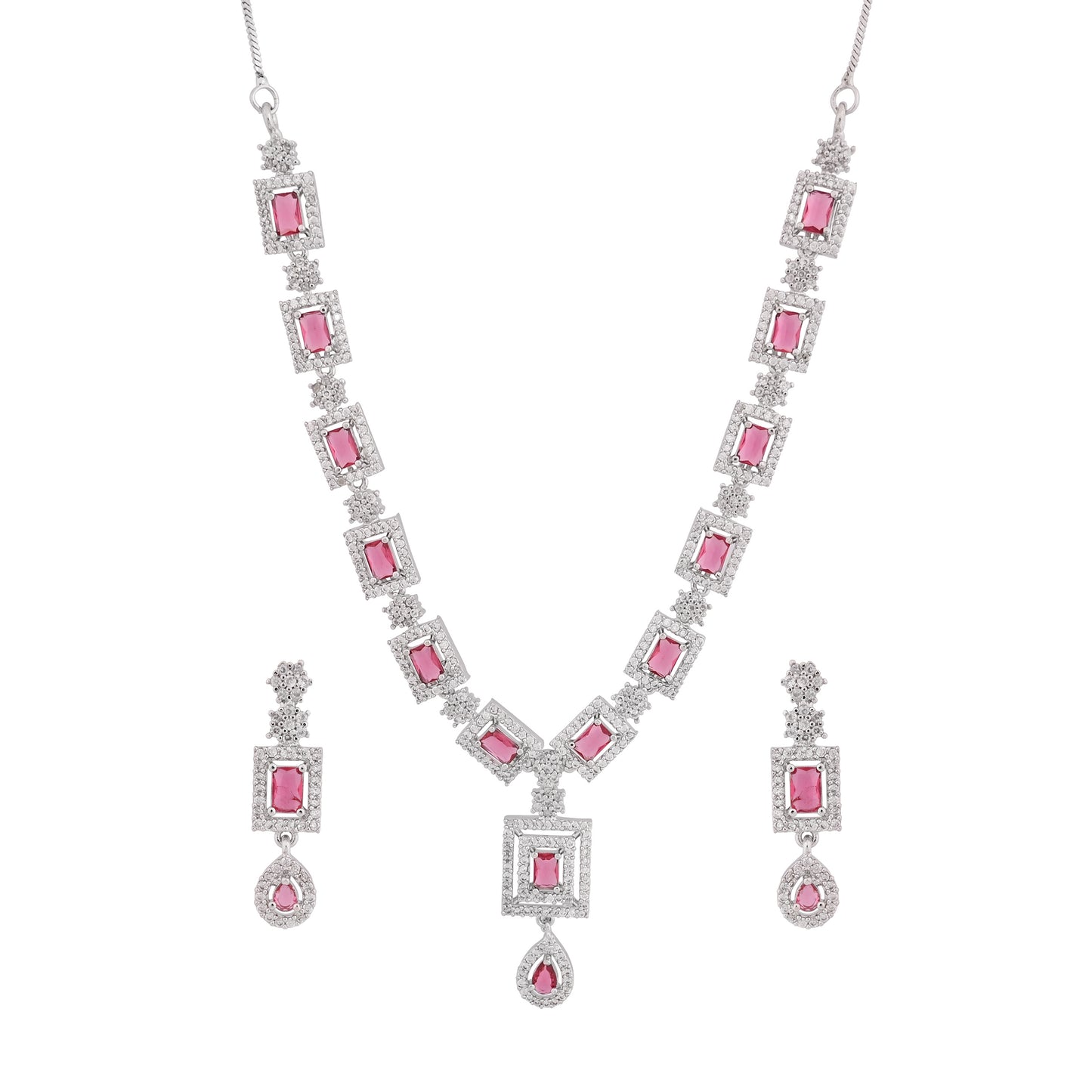 CKLAKART's NOOR Classic Silver-Toned Necklace Set with Ruby Red Stones and Sophisticated American Diamonds