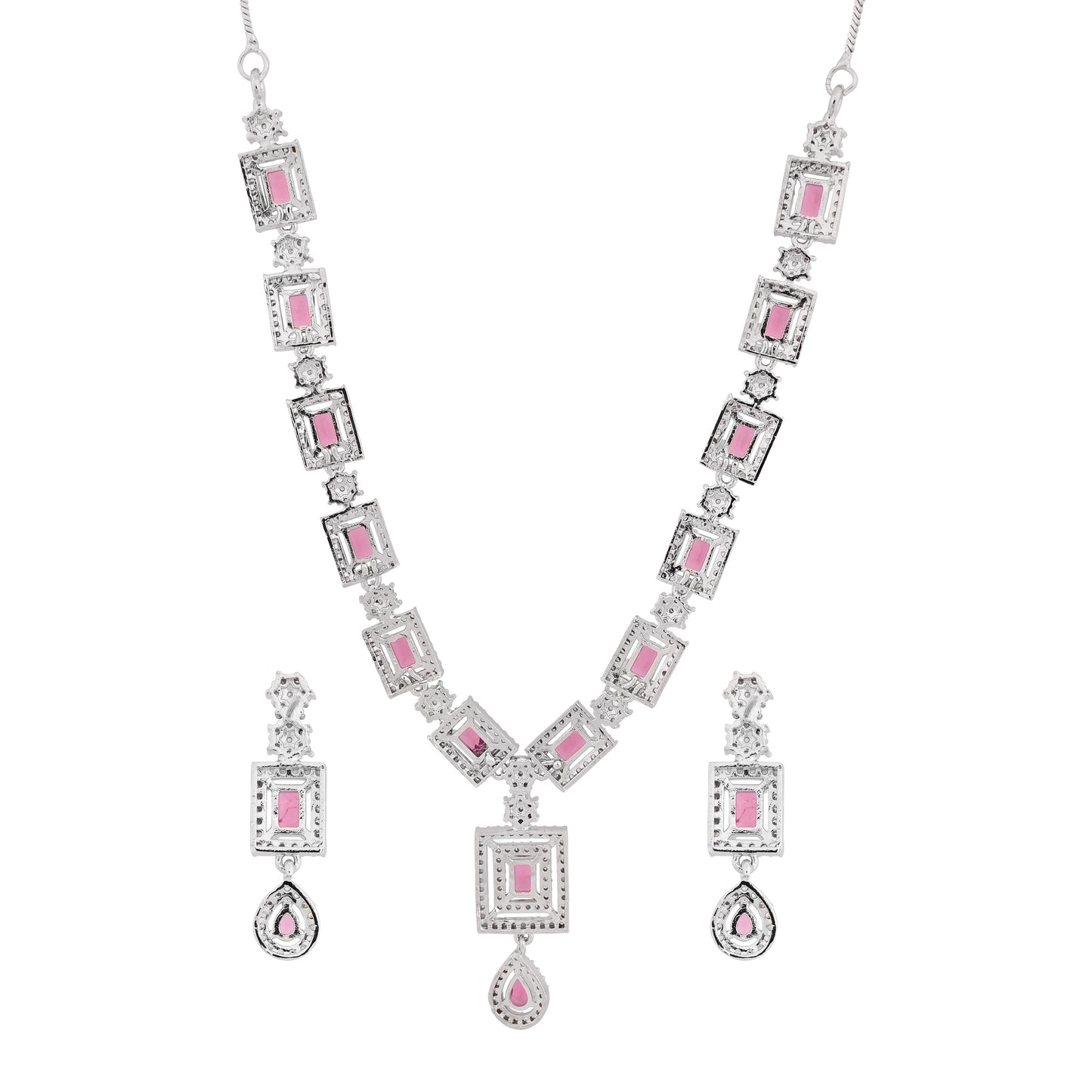 CKLAKART's NOOR Classic Silver-Toned Necklace Set with Ruby Red Stones and Sophisticated American Diamonds