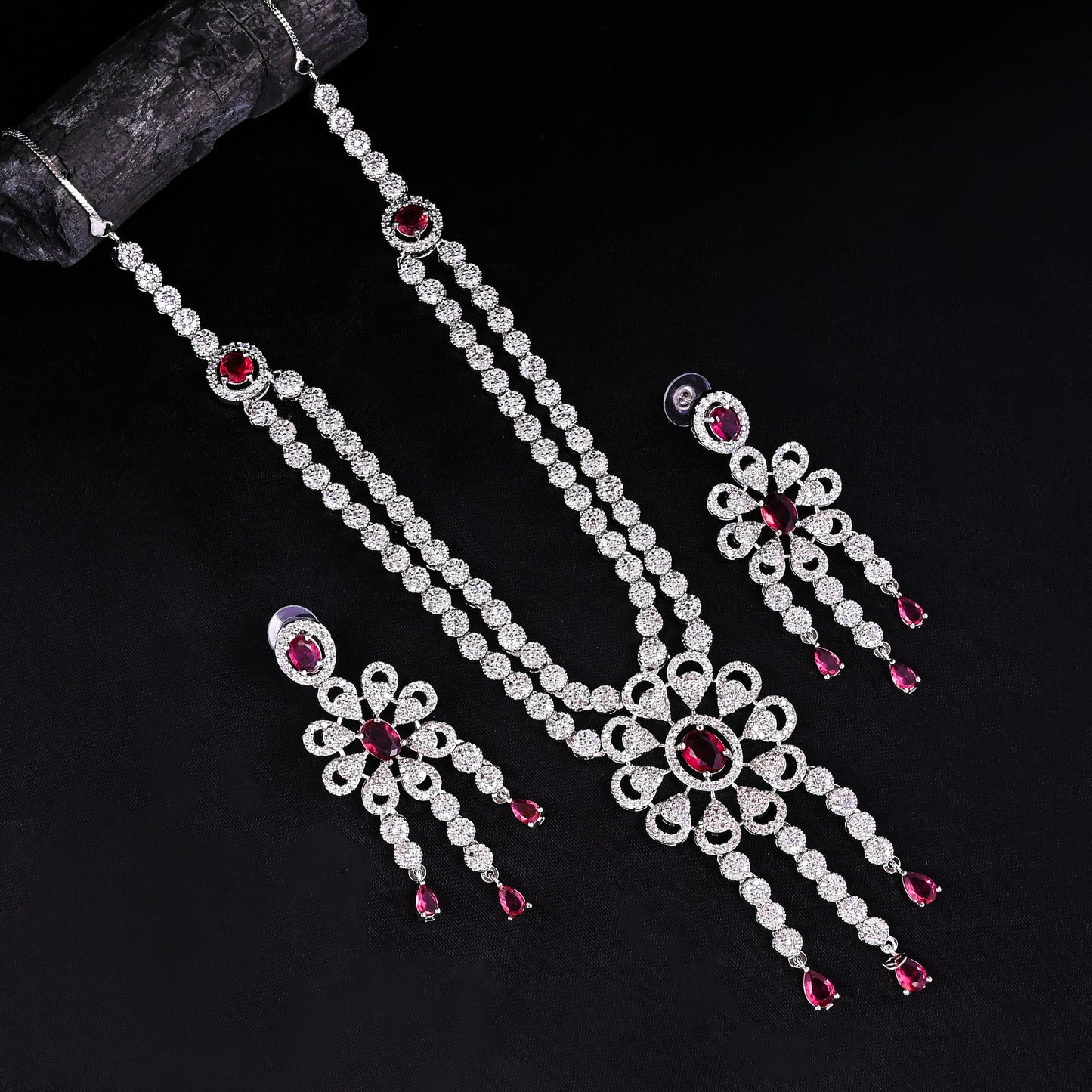 CKLAKART's NOOR Refined Silver Double-Layer Necklace Set with Ruby Red Stones and Elegant American Diamond Accents