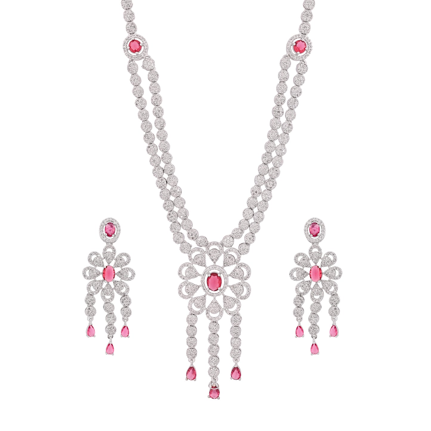 CKLAKART's NOOR Refined Silver Double-Layer Necklace Set with Ruby Red Stones and Elegant American Diamond Accents