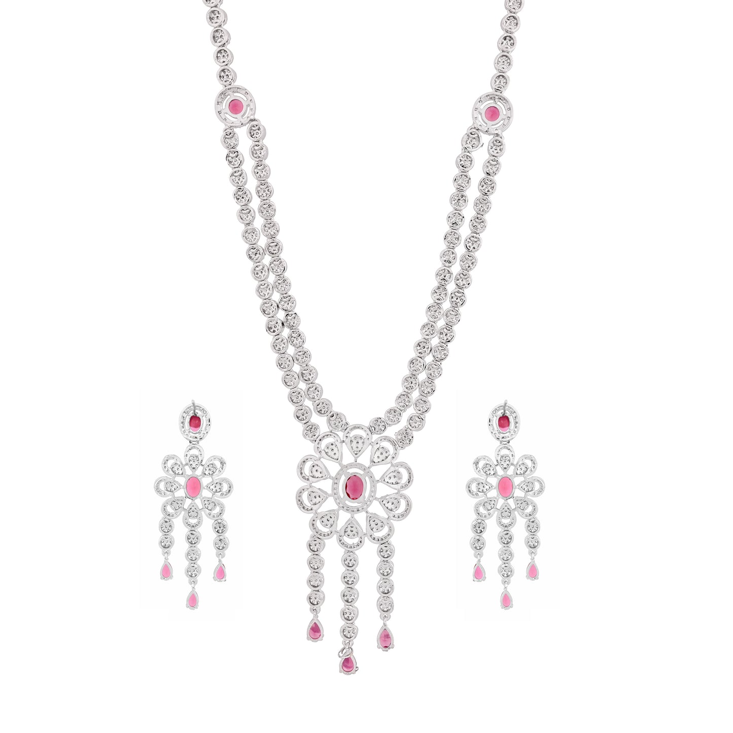 CKLAKART's NOOR Refined Silver Double-Layer Necklace Set with Ruby Red Stones and Elegant American Diamond Accents