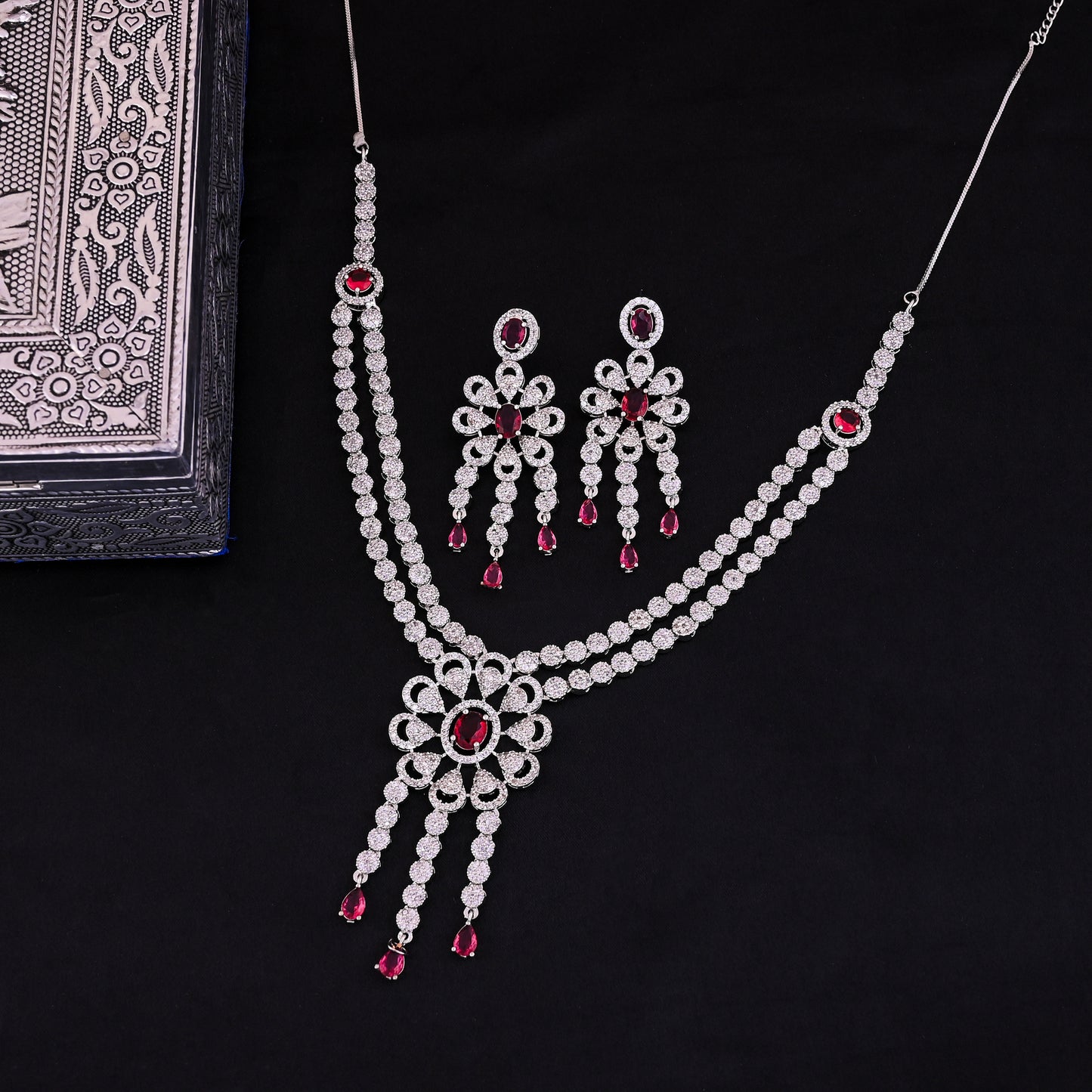 CKLAKART's NOOR Refined Silver Double-Layer Necklace Set with Ruby Red Stones and Elegant American Diamond Accents