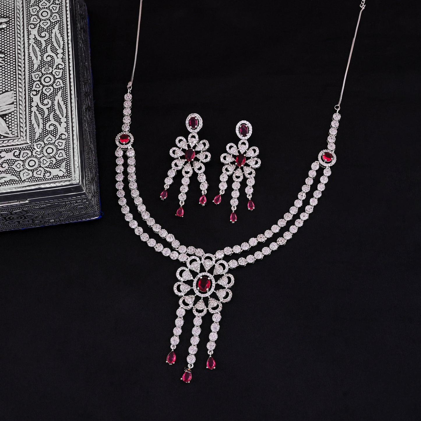 CKLAKART's NOOR Refined Silver Double-Layer Necklace Set with Ruby Red Stones and Elegant American Diamond Accents