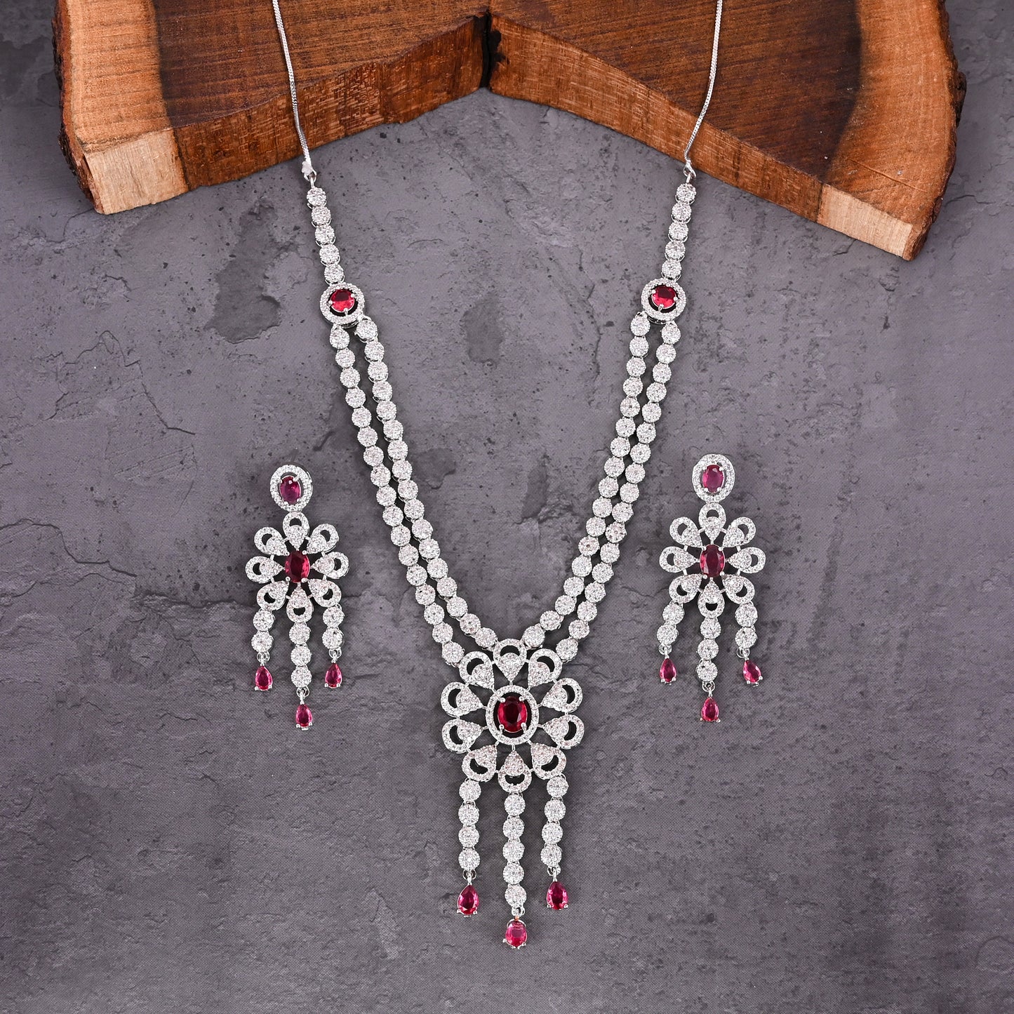 CKLAKART's NOOR Refined Silver Double-Layer Necklace Set with Ruby Red Stones and Elegant American Diamond Accents