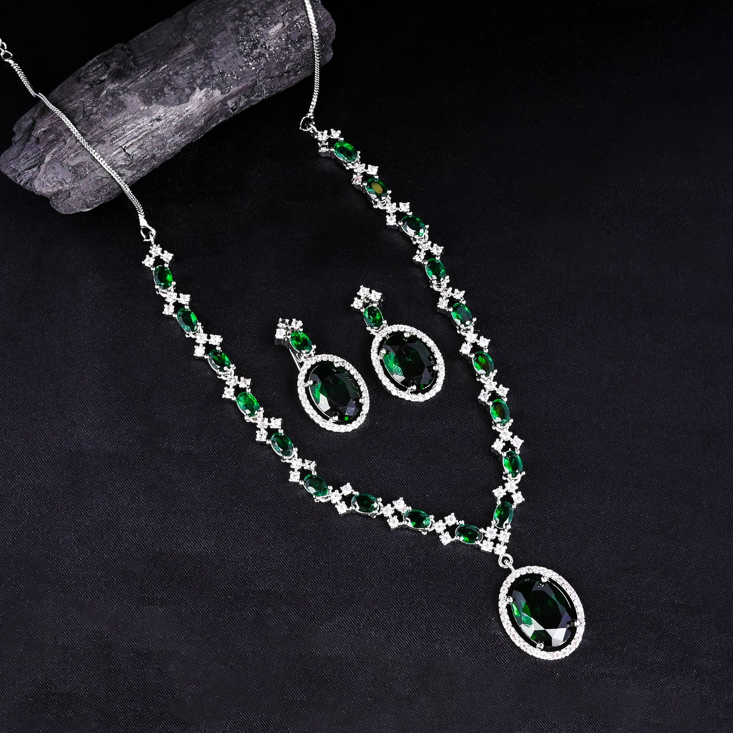 CKLAKART's NOOR Refined Silver Necklace Set with Emerald Green Stones and Elegant American Diamond Accents