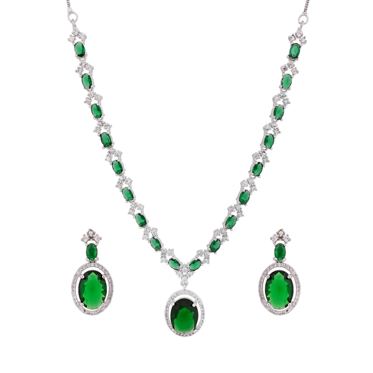 CKLAKART's NOOR Refined Silver Necklace Set with Emerald Green Stones and Elegant American Diamond Accents