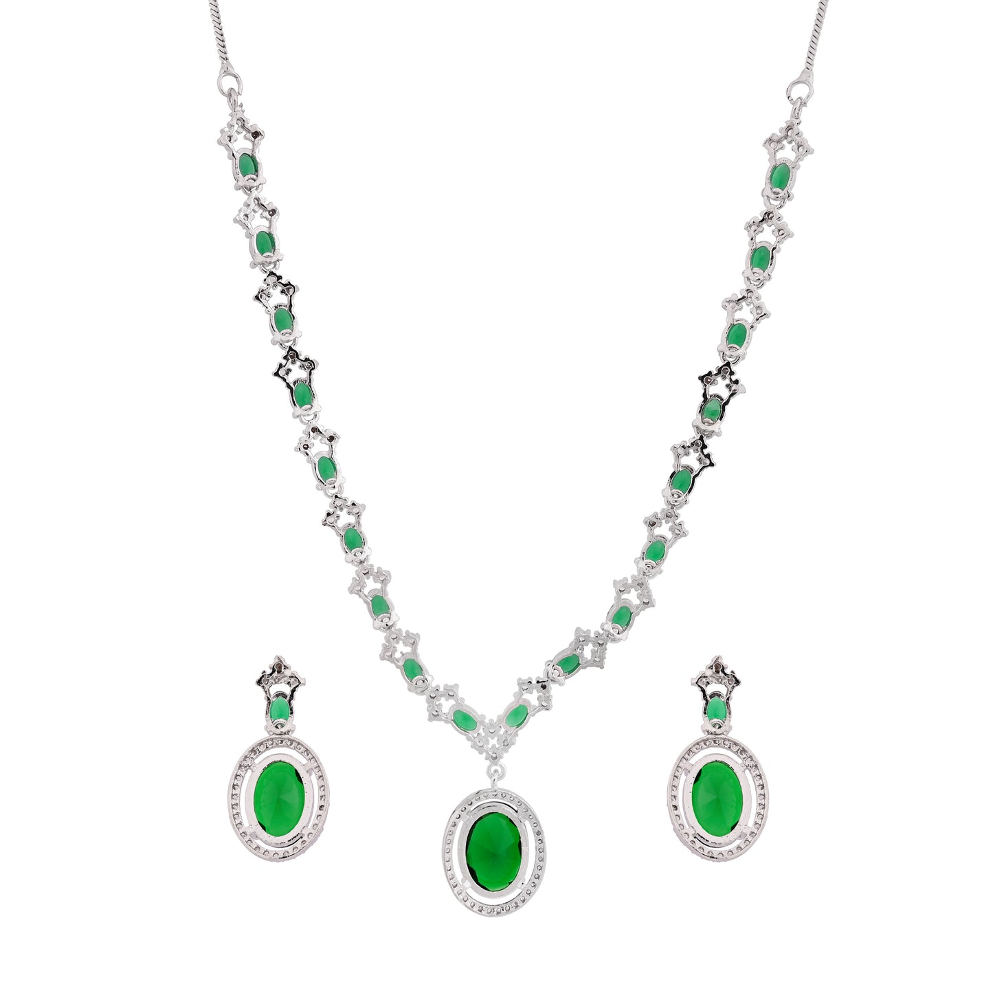 CKLAKART's NOOR Refined Silver Necklace Set with Emerald Green Stones and Elegant American Diamond Accents