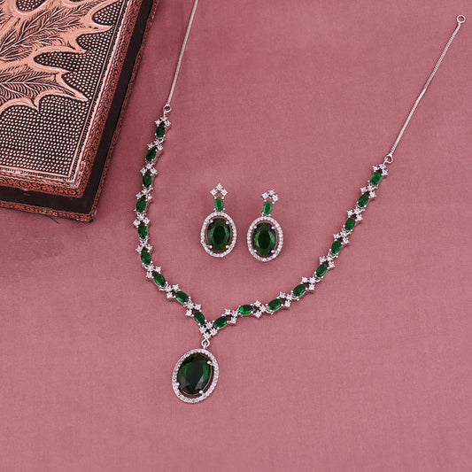 CKLAKART's NOOR Refined Silver Necklace Set with Emerald Green Stones and Elegant American Diamond Accents