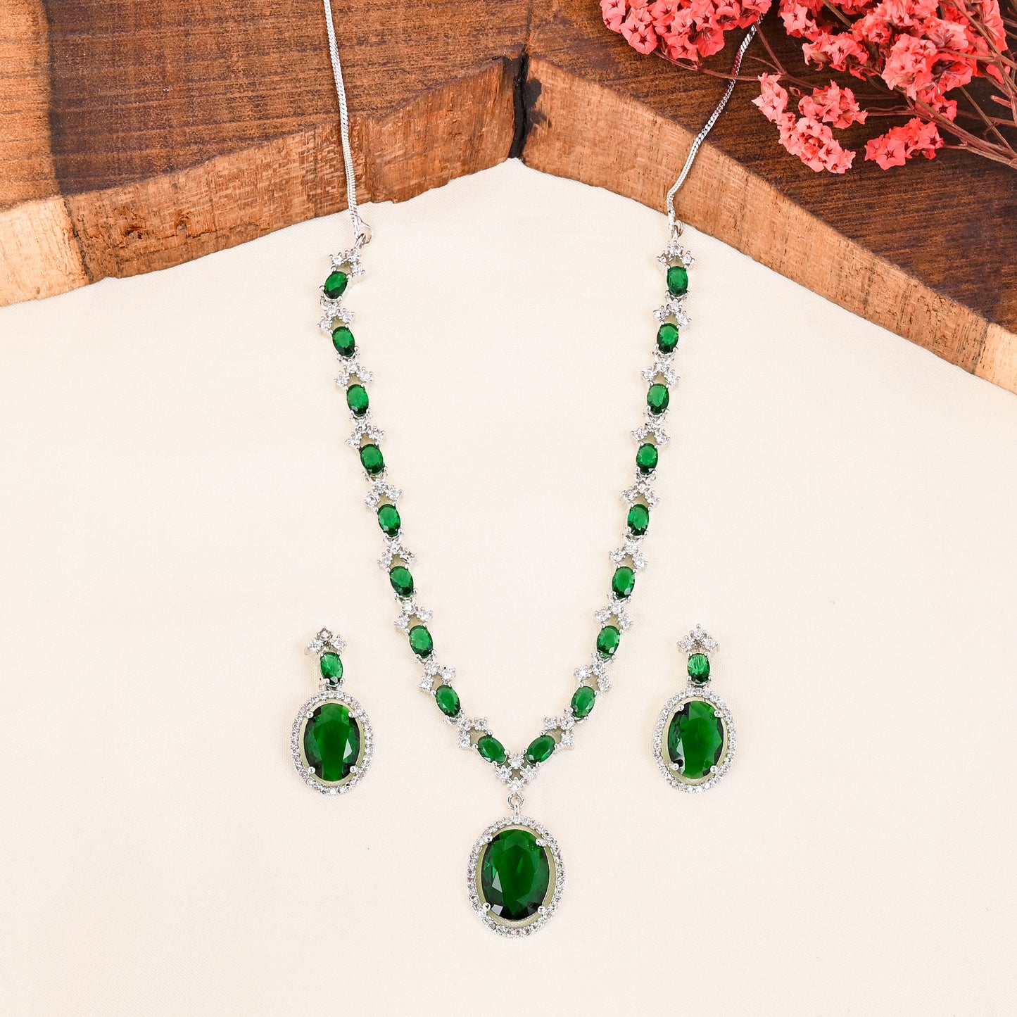 CKLAKART's NOOR Refined Silver Necklace Set with Emerald Green Stones and Elegant American Diamond Accents