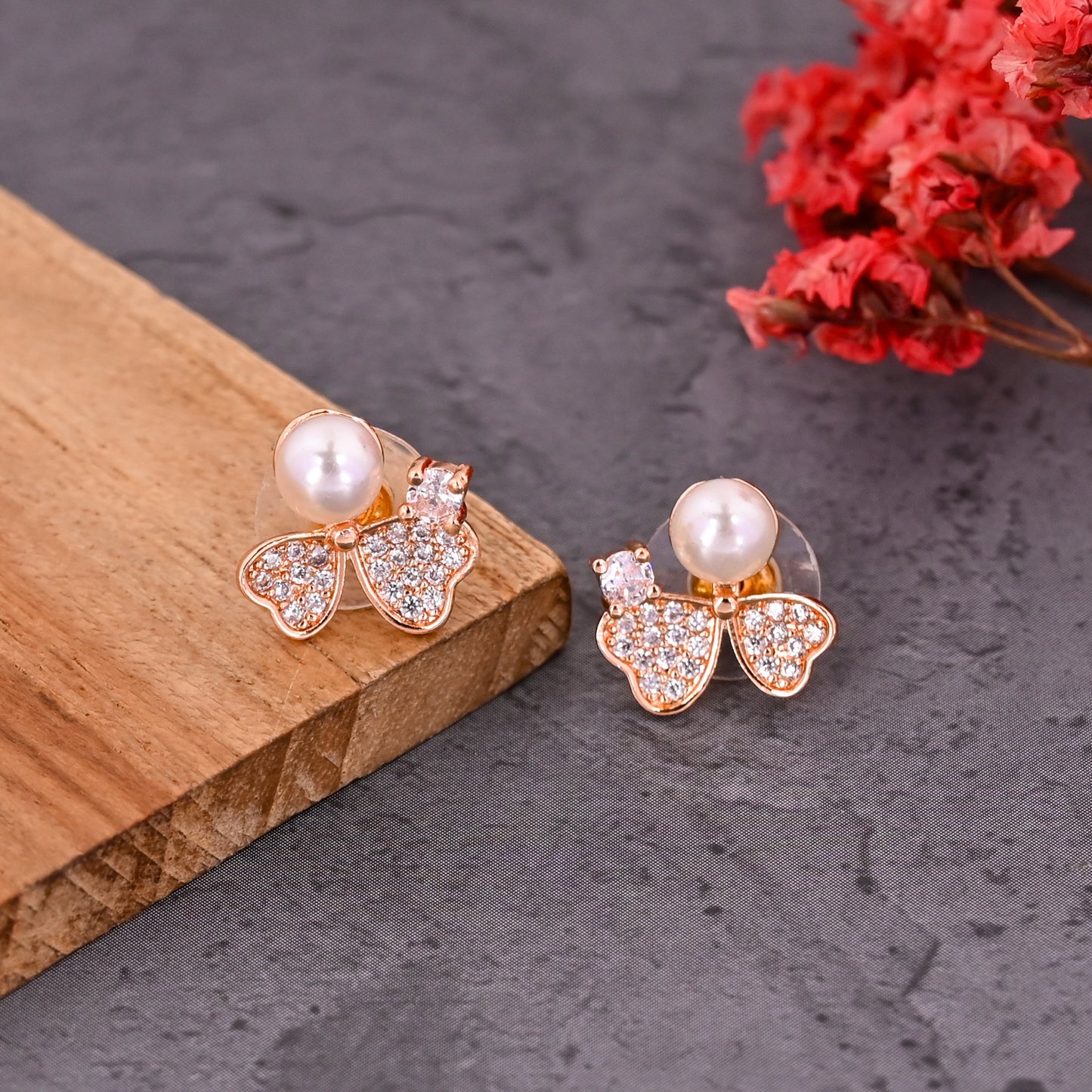 CKLAKART's Trendy Wings Rose Gold & Pearl Earrings for a Modern Muse