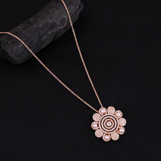 CKLAKART's Noor Elegant Blooming Flower Pendant Necklace – Rose Gold-Toned with American Diamond and Pearl Accents