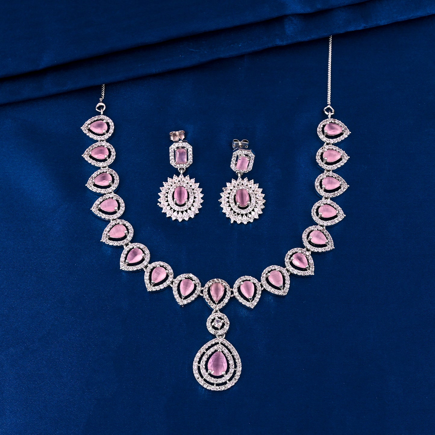 CKLAKART's NOOR Elegant Silver Necklace Set – Pink Drop Stones and American Diamonds